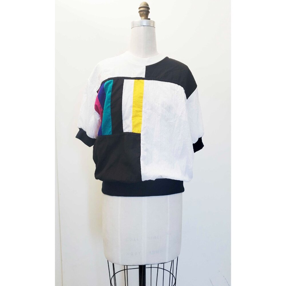 80s Teddi Sport Womens Crinkle Color Block Windbreaker Top Short Sleeve Shirt M - Picture 9 of 9